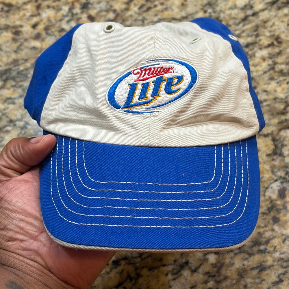 Miller Lite Beer Hat Blue Cream‎ Two Tone Embroidered Logo Adjustable Strapback